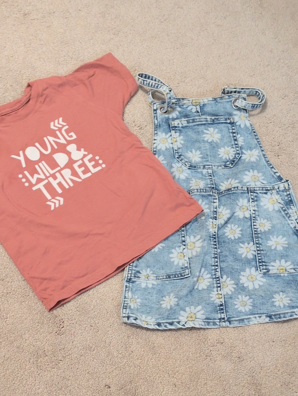 Cat & Jack Coral 'Young Wild & Three' Tee + Overall Dress (Size 4)